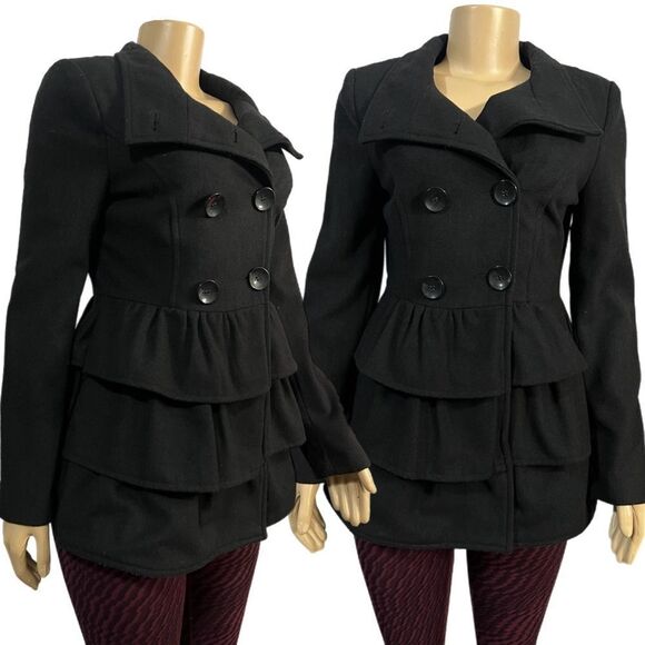 2B by Bebe Long Sleeve Tiered Coat Peacoat with Ruffles Black Small NWT - Picture 3 of 10